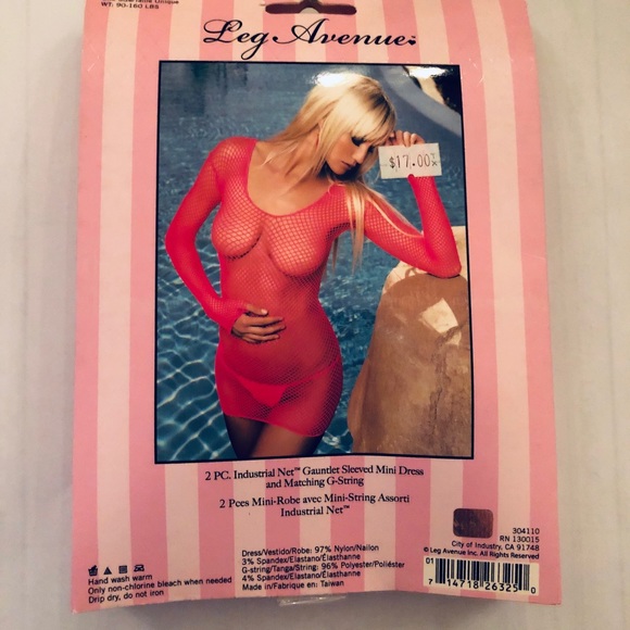 Leg Avenue 2 PC Net Sleeve Mini Dress Pink Gstring - Picture 2 of 2